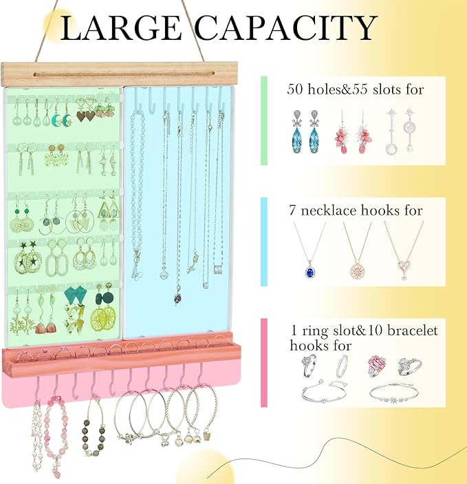 Hanging Jewelry Organizer and Storage, 5-Tier White Earring Necklace Holder Jewelry Display Organizer Stand Rack, Wall Mounted for Earrings Necklaces Bracelets and Rings, White