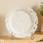 KAMMAK Ceramic Decorative Plate Set of 2, Porcelain Plates for Kitchen Dining Room Wine Cabinet Home Decor, Vintage Collector Plates with 2 Display Stand, Cream-White Leaves (8-inch + 10-inch)