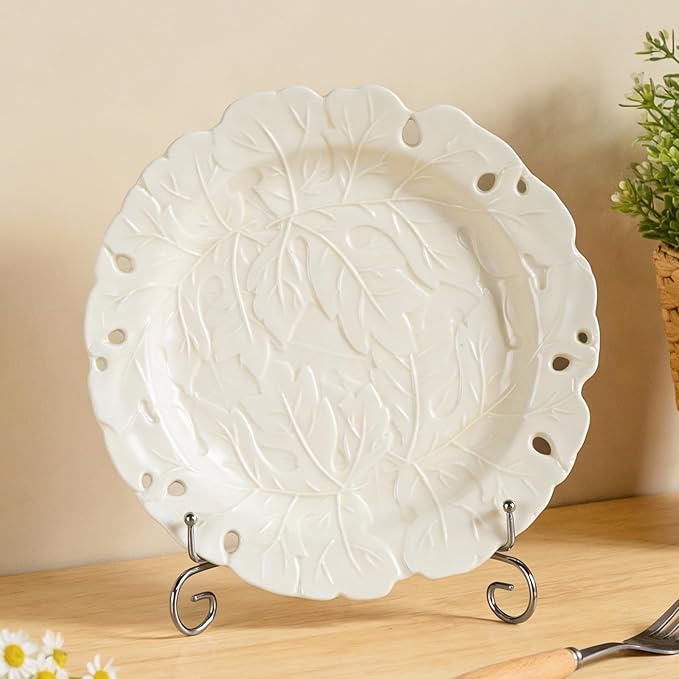 KAMMAK Ceramic Decorative Plate Set of 2, Porcelain Plates for Kitchen Dining Room Wine Cabinet Home Decor, Vintage Collector Plates with 2 Display Stand, Cream-White Leaves (8-inch + 10-inch)
