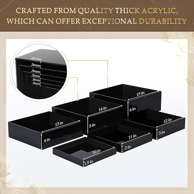 Geelin 6 Pack Acrylic Risers for Display Acrylic Cube Boxes Risers Display Stands with Hollow Bottoms Decorative Stand for Jewelry Candy Table Decor 6 Sizes(Black,10 to 15 Inch,Square)