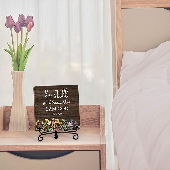 Inspirational Christian Desk Decor, Be Still And Know That I Am God Rutsic Sign, Desk Decorations For Office Home Living Room Bathroom, Eucalyptus Shelf Decor, Wooden Plaque With Stand (06)