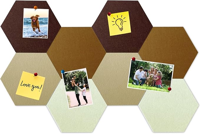 8 Pcs Hexagon Felt Cork Bulletin Board Tiles, Self Adhesive DIY Bulletin Board Pin Board for Office School Home Wall Decor Memos Photos Display (Gradual Brown)