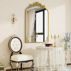 VooBang 26x38 inch Vintage Arched Bathroom Mirror - Gorgeous Wall Vanity Mirror with Beautiful Retro Top and Bottom Engraving Process Frame for Entryway Hallway Living Room, Gold