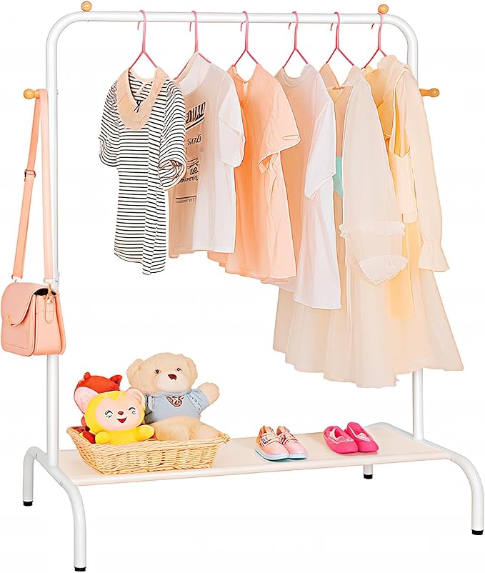 Kids Clothing Rack - Garment Rack with Bottom Storage Shelf for Children, Small Baby, & Toddler, Clothes Organizer, Shirts, Dresser, Hat, Backpack, Bedroom, White