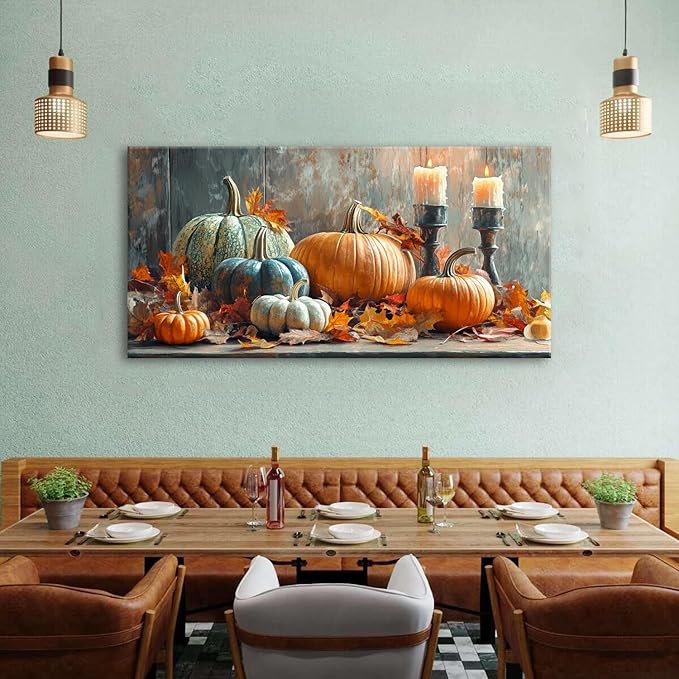 Farmhouse Kitchen Decor Pumpkin Wall Decor Maple Leaves Painting White Orange Pumpkin Canvas Prints Rustic Fall Harvest Themed Picture Still Life Artwork for Bedroom Dining Room Home Decoration 24x48"