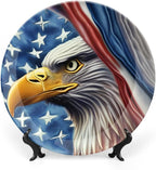 Decorative Plates for Home Decor, Eagle and American Flag Patriotic Decor Tray for Table Display, Ceramic Dinner Plate w/Stand, Living Room Dining Room Decor, Housewarming Gifts, 10 Inch