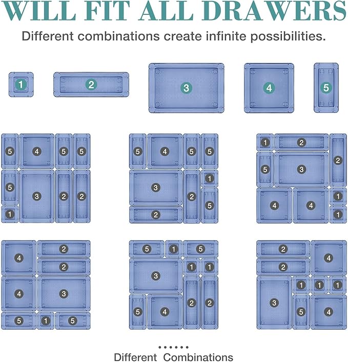 25 PCS Drawer Organizer Set, 5 Varied Size Bathroom and kitchen Drawer cabinet organizer Trays, Clear Storage Bins for Makeup, Jewelry, Utensils and Gadgets, Dark Blue