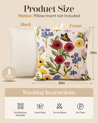Embroidered Throw Pillow Cover 20x20 Inch - Spring Summer Boho Decorative Pillow Cover with Zipper for Living Room Couch Sofa Bed Aesthetic Design Retro Flower Cushion Pillowcase