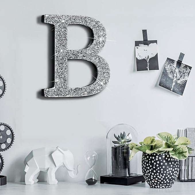 Qunclay 5.7" Silver Crystal Diamond Bling Letters Crushed Diamond Decoration Wooden Glitter Letter with Screw and Hooks Rhinestone Gift for Wedding Y2k Mcbling Bedroom Wall Decor (Letter B)