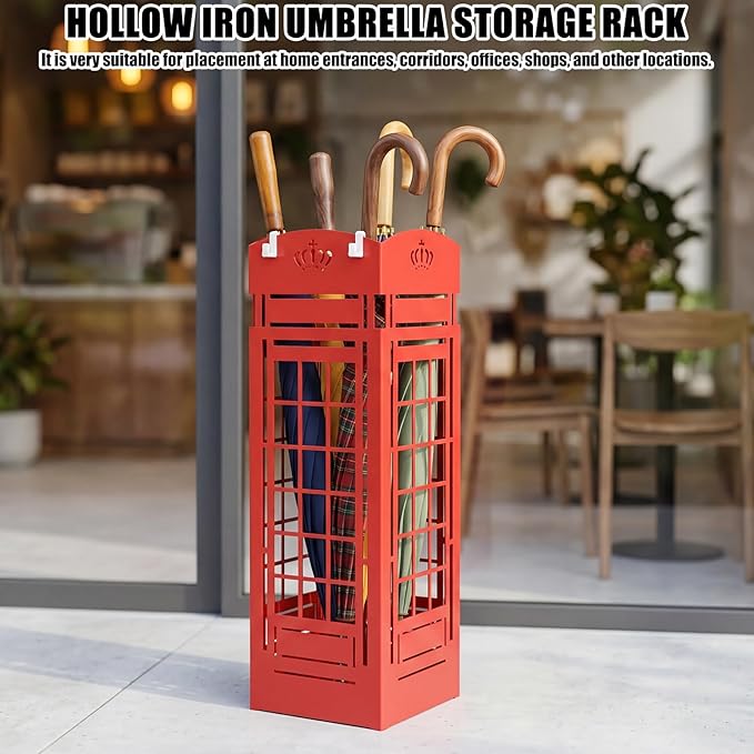 Square Metal Umbrella Holder, Square Free Standing Umbrella Rack Decorative Umbrella Holder Hollow Cutout Pattern Design for Umbrella Cane Entryway Home Office 19.49" X 6.1" X 6.1"(Red hollowed out)