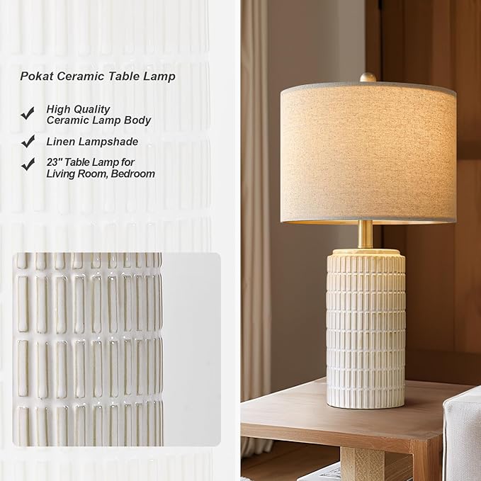 PoKat 23'' Bedside Table Lamp for Bedroom Nightstands, Birthday Gifts for Women Mom, House Warming Gifts New Home Decor, Ceramic Desk Lamp for Living Room, White Modern Bedroom Lamp