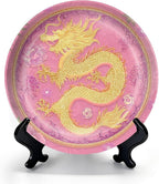 HABEN ARTWORK 10" Ceramic Plates for Display Golden Dragon Floral Patterns Pink Decorative Plate with Stand and Hook for Kitchen Dining Room Wall Hanging Decor