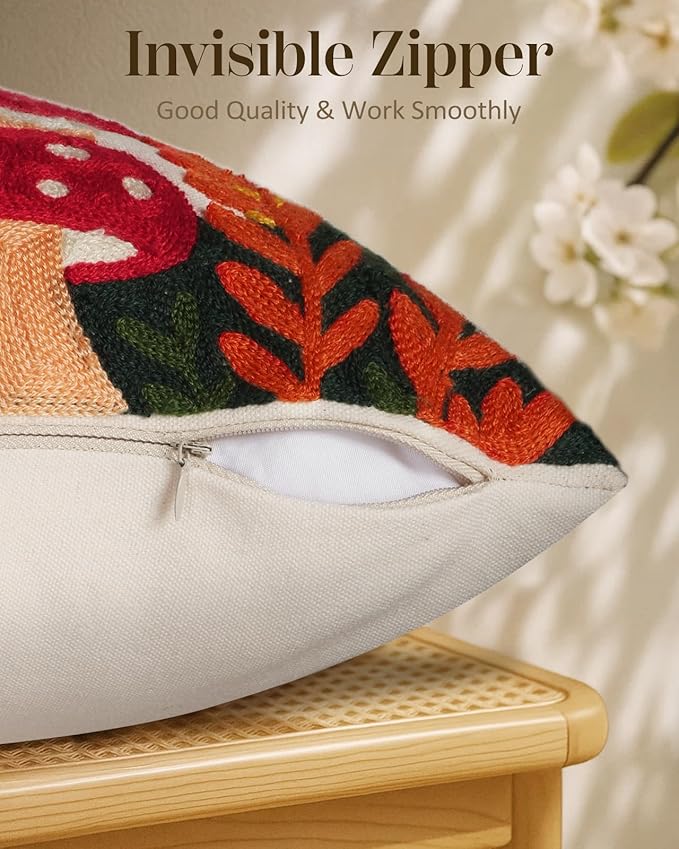 Embroidered Throw Pillow Cover 18x18 Inch - Spring Summer Boho Decorative Pillow Cover with Zipper for Living Room Couch Sofa Bed Aesthetic Design Mushroom Moon Cushion Pillowcase