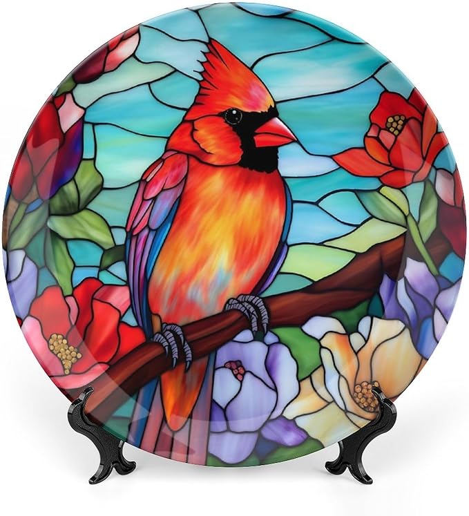 Decorative Plates, Winter Bird Stained Glass Design Ceramic Dinner Plate Home Wobble-Plate with Display Stand, Wall Hanging Decor for Dining Room Kitchen Household 10 Inch, Gifts for Loss of Loved