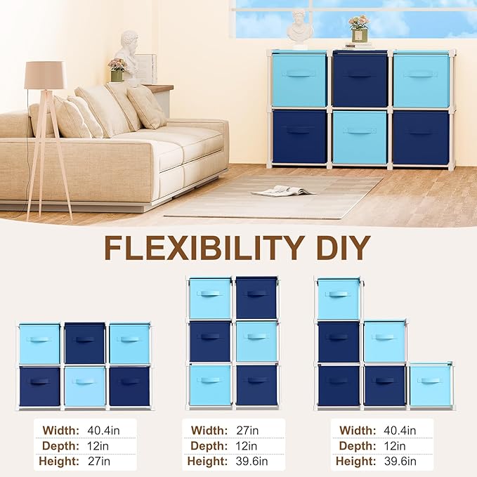 6 Cube Storage Organizer with Shelf Back to School Boxes 11 Inch Toy Storage Bins Closet Organizers Drawers Fabric Dresser for Playroom Books Bedroom Dorm Kitchen (Dark Blue,Light Blue)