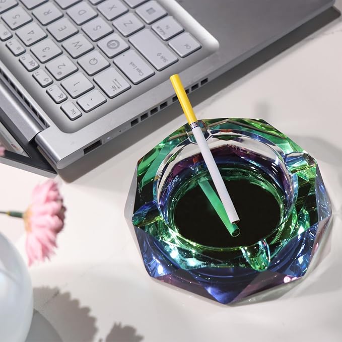 Coomin Crystal Glass Ashtray, Sparkly Cigar Cigarettes Ash Tray, Ashtrays for Smokers Indoor Office Home Desktop Tabletop, Unique Luxury Gifts for Men Women, Green