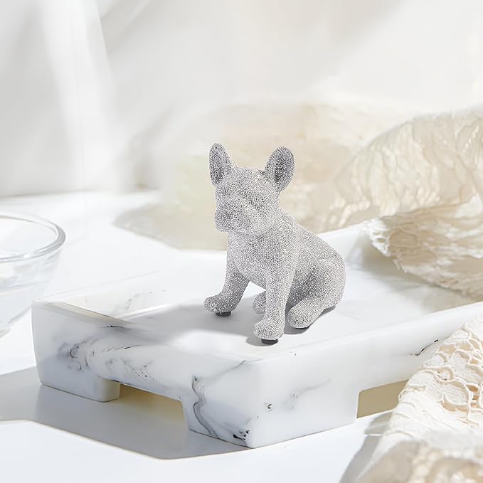 French Bulldog Statue,Resin Sparkly Frenchie Dog Sculpture Decor for Home Living Room Office Bedroom Shelf Desktop Decorations,French Bulldog Gifts for Men and Women,Silver