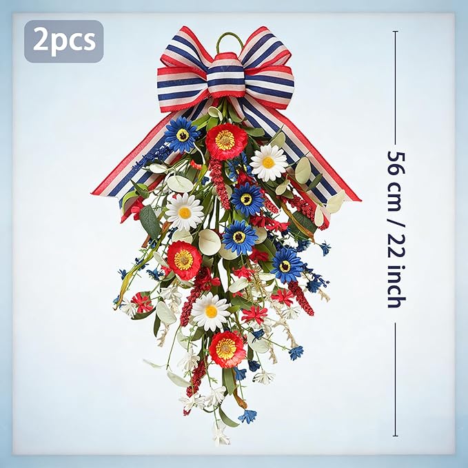TEMPUS Patriotic Floral Swag Wreath 2-Pack, 22" Red White Blue Artificial Daisy Teardrop Swags with Striped Bow, Handcrafted Patriotic Door Decor for 4th of July Independence Day, Memorial Day