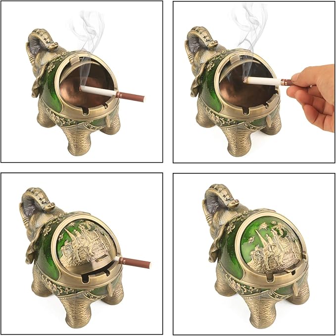 LAUYOO Elephant Decorative Ashtray with Lid for Cigarettes Metal Smoking Ash tray Ashtrays for Smoker Windproof Cigarette ashtrays for Outdoor Indoor Fancy Gift for Men Women Weed Smokers (Dark Green)