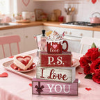 Lineshading 4 Pcs Valentine's Day Table Decoration Wooden Ice Cream Cup Valentine Tiered Tray Decor Valentine Centerpiece Red White and Pink I Love You Valentines Decor for Home Kitchen Coffee Bar