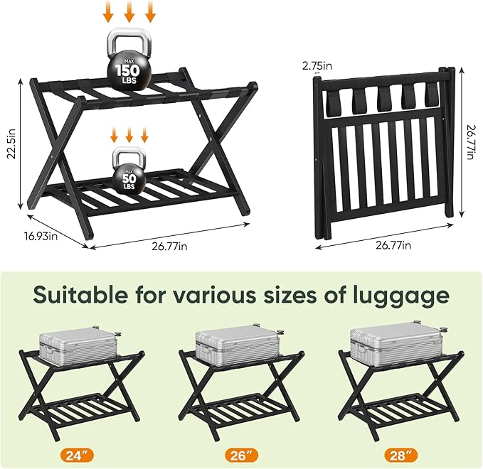 Fully Assembled Black Luggage Rack, Suitcase Stand with Shoe Shelf, Folding Wooden Luggage Stand for Guest Room, Bedroom, Hotel