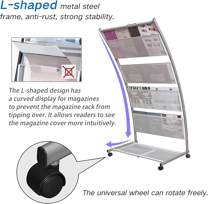 LIWSHWZ Magazine Rack Floor Standing,Brochure Display Stand, 4 Pockets Metal Literature Stand,Newspaper Rack with Wheels for Trade Show Exhibitions Office Retail Store
