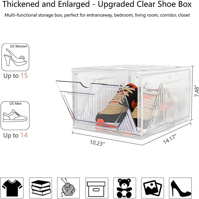 AWTATOS Shoe Boxes with Magnetic Door, Stackable Shoe Storage Organizer with Lids, Folding Shoe Rack for High Heels, Thickened Sneaker Storage Container, 6 Pack, Clear