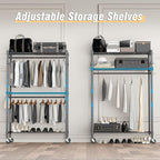 Homdox Rolling Clothes Rack Heavy Duty, 3-Tier Adjustable Wire Shelving Garment Organizer with Double Rods & Hooks, Portable Clothes Rack with Wheels, 17.72" D x 47.24" W x 80.71" H, Grey