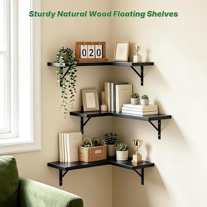 NATURE'S SOURCE Corner Floating Shelves, Corner Shelf Wall Mounted, Shelves for Room Wall, Home Decor Living Room Bedroom Office Kitchen Bathroom- Gothic Style (Black, Set of 3)