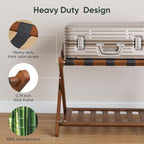 Bamboo Luggage Rack Fully Assembled, Folding Suitcase Stand with Shoe Shelf, Heavy-Duty Luggage Holder for Guest Room Must Haves, Bedroom, Hotel, Walnut