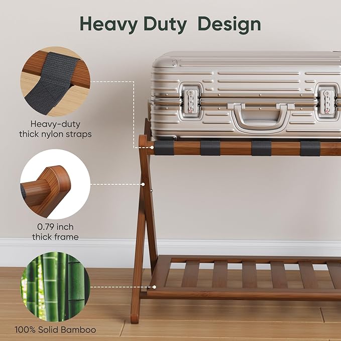 Luggage Racks Set of 2, Fully Assembled Suitcase Stand with Shoe Shelf, Foldable Bamboo Luggage Rack for Guest Room, Bedroom, Hotel, Walnut