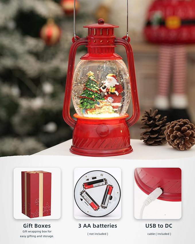 Christmas Decorations Snow Globe Santa, Musical Glitter Christmas Snow Globes 6H Time Light Up Santa Claus Lantern Christmas Decor Indoor