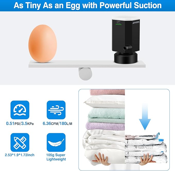 Cordless Electric Pump for Vacuum Storage Bags Travel Air Pump for Various Space Saver Bags Portable Rechargable Seal Bag Pump for Compression Clothes, Blanket, Luggage (Black Pump Only)