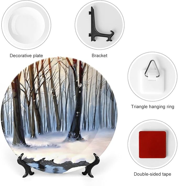 Decorative Plates, Winter Forest in Snow Painting Orange Display Plate for Home Office Kitchen Table Decor Porcelain Plates 10 Inch, Birthday Gifts