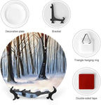 Decorative Plates for Home, Winter Forest in Snow Painting Orange Tray for Table Display, Ceramic Dinner Plate w/Stand, Living Room Dining Room Decor, Housewarming Gifts, 8 Inch
