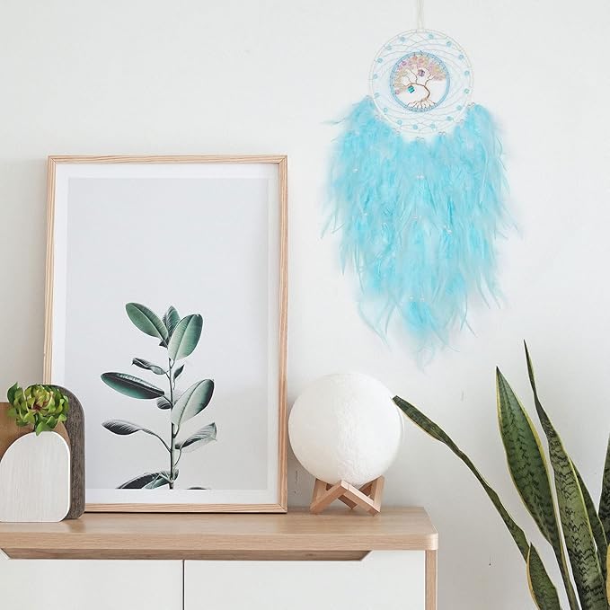 Dreamlike Cyan Blue Tree of Life Dream Catcher Wall Decor with Healing Crystal Stone Handmade Feather Dream Catchers Decoration Wall Hanging for Girls Bedroom Living Room Wedding Party Home Décor