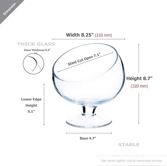 WGV Slant Cut Bowl Glass Vase Bulk with Stand, Width 8.25", Height 8.75", Clear Planter Terrarium, Candy Dish, Fruit Jar for Wedding Party Event, Home Office Decor, 4 Pieces