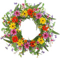 22 Inch Artificial Spring Summer Wreaths for Front Door Daisy Flower Wreath with Wildflowers,Eucalyptus Leaves,Ferns for Indoor Outdoor Wall Porch Festival Farmhouse Home Holiday Decor.