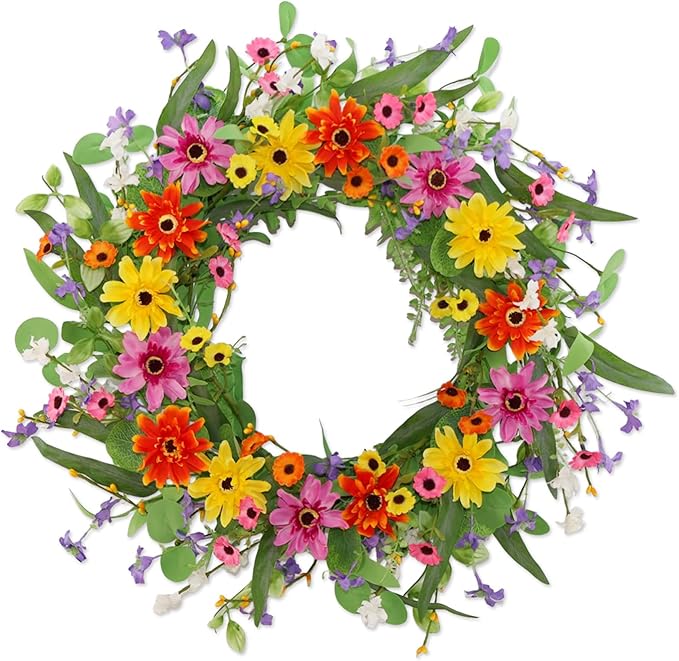 22 Inch Artificial Spring Summer Wreaths for Front Door Daisy Flower Wreath with Wildflowers,Eucalyptus Leaves,Ferns for Indoor Outdoor Wall Porch Festival Farmhouse Home Holiday Decor.
