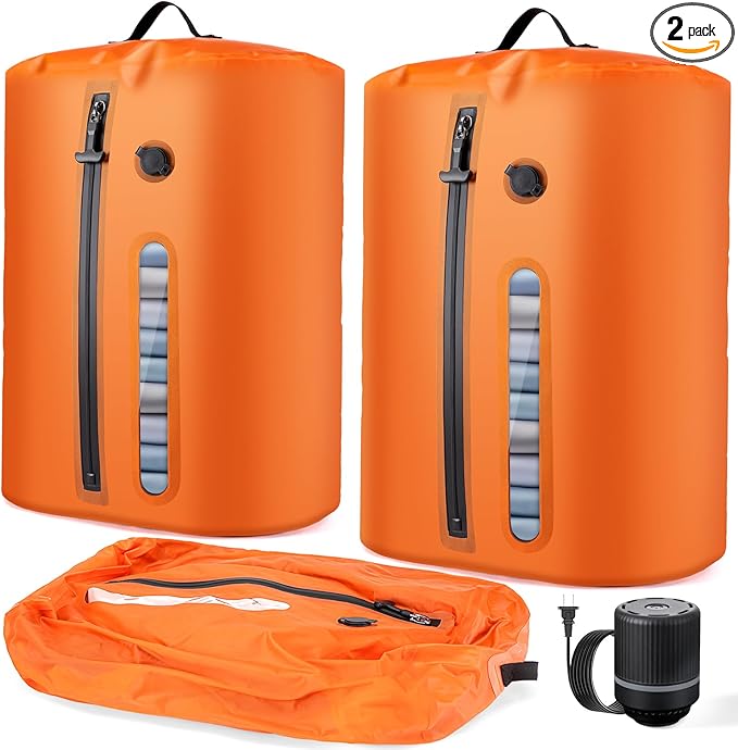 Vacuum Bags for Travel with Pump, Reusable Vacuum Compression Bags, IP68 Waterproof Space Saver Storage Bags for Clothes, Backpack, Luggage & Suitcase, Lightweight Travel Organizer (2PC + Pump)