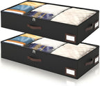 OIAHOMY 2 Pack Under Bed Storage, 6 Inch High Under Bed Storage Containers with Adjustable Dividers, Dual Zippers, &Clear Lid, 53L Under Bed Drawers For Clothes, Blankets, Clothing, & Shoes, Black