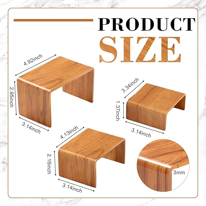 Chuangdi 2 Sets Acrylic Display Risers, Product Stand, Jewelry Display Riser Shelf Showcase Fixtures for Dessert Cupcake Candy Figure Treat Action Showcase (Wood,Small Set)