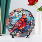 Decorative Plates for Wall Hanging, Cardinal Bird Colorful Stained Glass Painting Ceramic Plate w/Display Stand, Home Decor for Kitchen Cabinets, Round Tray 10 Inch, Gift for Loss of Loved