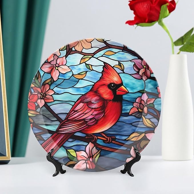 Decorative Plates for Wall Hanging, Cardinal Bird Colorful Stained Glass Painting Ceramic Plate w/Display Stand, Home Decor for Kitchen Cabinets, Round Tray 10 Inch, Gift for Loss of Loved