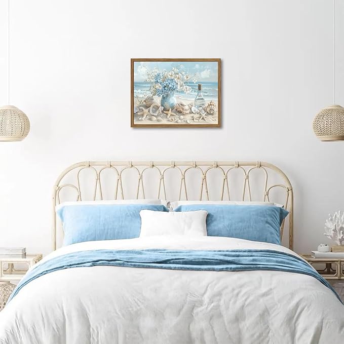 Framed Beach Canvas Wall Art, Blue Coastal Pictures Wall Decor Paintings, Ocean with White Floral Shell Poster Prints, Modern Seascape Artwork Home Decor for Living Room Bathroom 16x24 inch