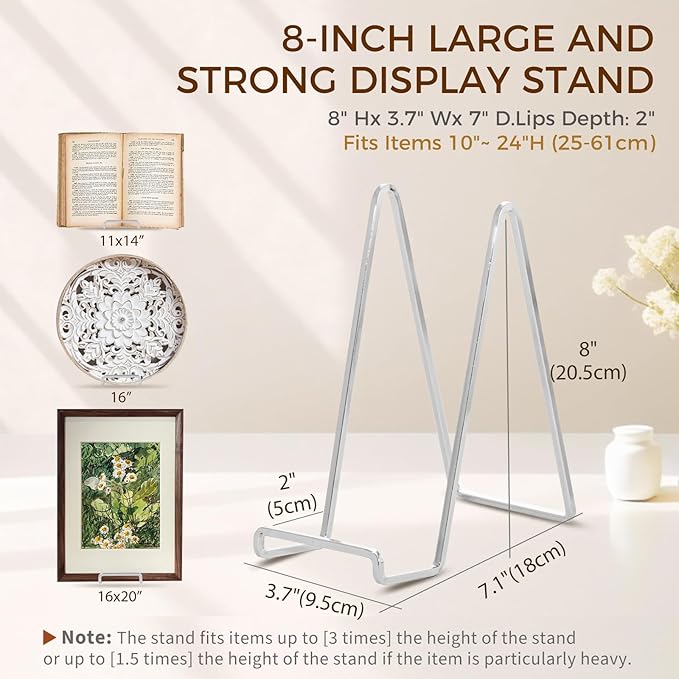 Plate Holder Easel Display Stand - 8 inch Metal Plate Stands for Display - Tabletop Picture Stand - Silver Iron Easels for Display Pictures | Photo Frames | Book | Decorative Plates | Plaque - 3 Pack