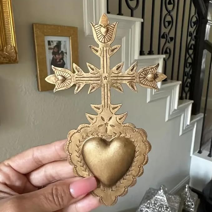 MVTDONT Golden Wall Cross-Saint Heart Miracle Decorative Wall Cross, Antique Gold Heart Design, Vintage Religious Home Deco