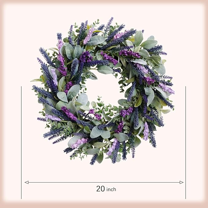 Lavender Wreaths for Front Door, 20 inch Artificial Farmhouse Wreaths for Wall Window Party Wedding Decor Indoor Outdoor Spring Summer Fall Decoration