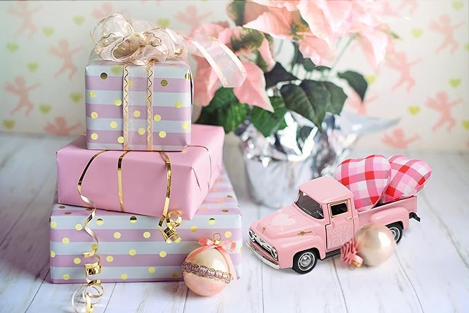 Valentine’s Day Metal Farm Truck with 2 Hearts, Valentines Decorations Vintage Love Romantic Tiered Tray Decor Mini Diecast Pickup Truck Model for Tabletop Shelf Table Décor 4.8inch