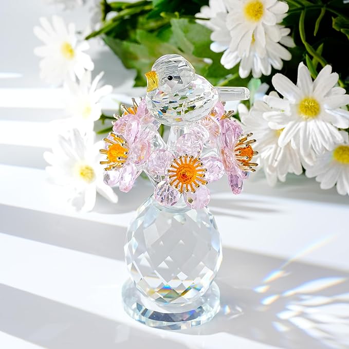 Crystal Bird & Forget-Me-Not Flower Figurine,3x4 inch Glass Flower Collectible Ornaments for Home Decor Table Centerpiece Glass Bouquet Flowers Keepsake Gifts for Women （Pink）